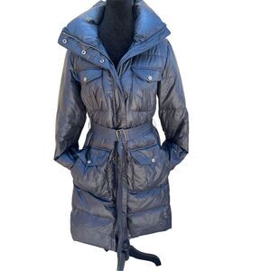Theory Long Maxi Quilted Down Puffer Black Coat With Belt Women’s Size M